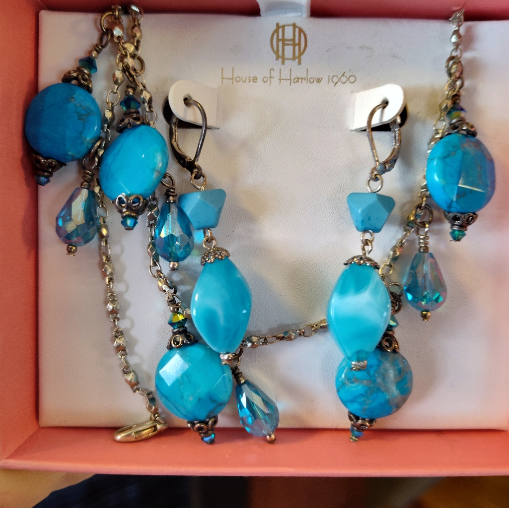 House Of Harlow Blue Beaded Necklace And Earrings Set.